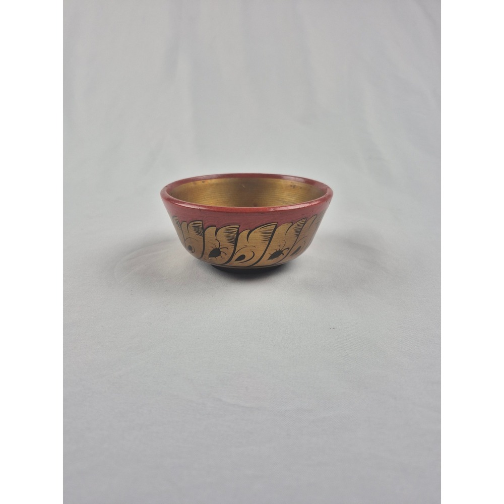 Vintage USSR Russian Khokhloma Hand Painted Wooden Bowl Folk Art Trinket Dish
